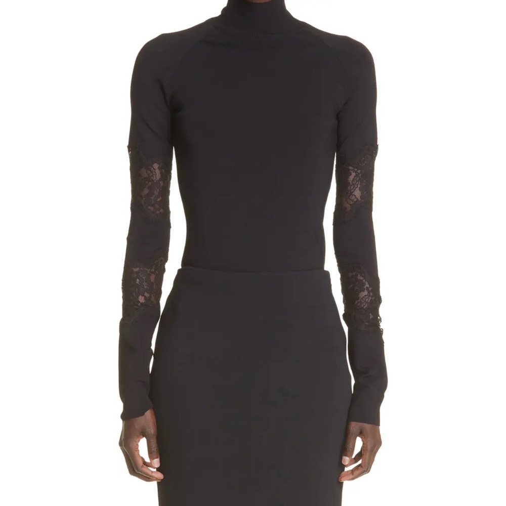 St. John Black Lace Inset Turtleneck Top